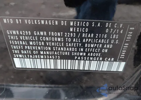 2014 Volkswagen Jetta 2.0L Tdi из США, поврежденный, VIN 3VWLL7AJ8EM334573